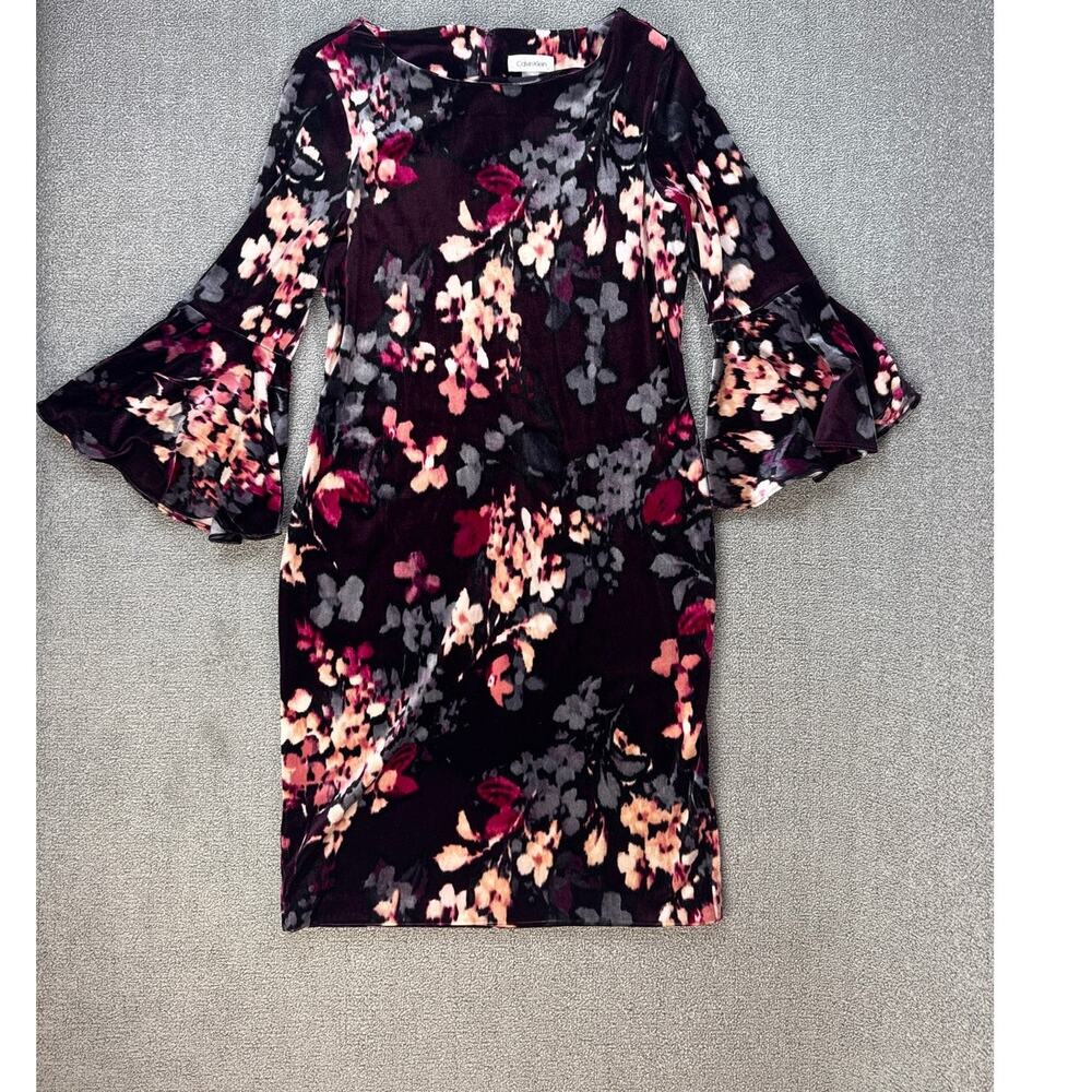 Calvin Klein Sheath Dress Velvet Floral Career Evening Wedding Guest Size 8